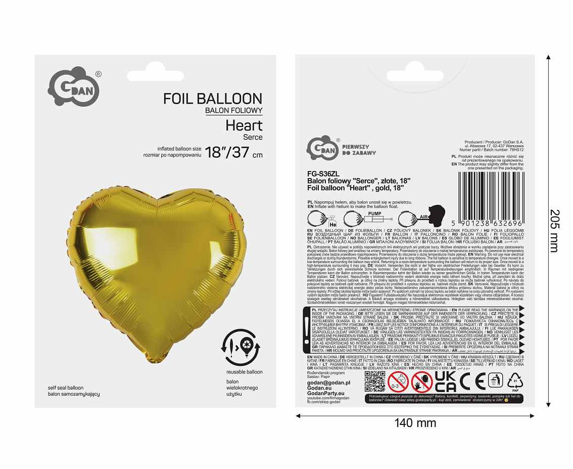 Foil balloon "Heart" , gold, 18"